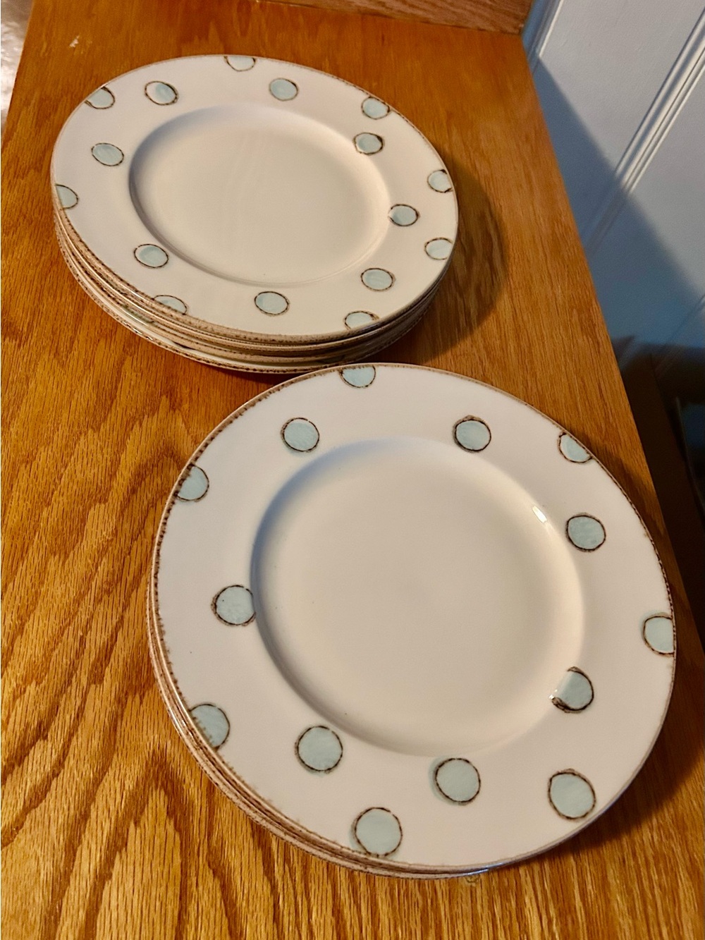 Aqua Dots On White, Rim, Brown Trim 11” dinner plate - 8 available